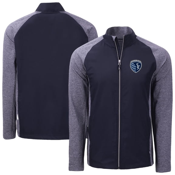 Men's-Cutter & Buck  Heather Navy Sporting Kansas City Adapt Eco Knit Hybrid Recycled Full-Zip Jacket