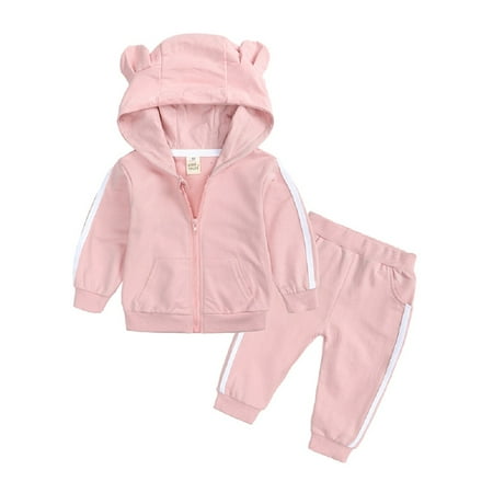 

2PCS Kids Suit Set Long Sleeve Bear Ear Zipped Hooded Pullover+ Trousers 3-24M