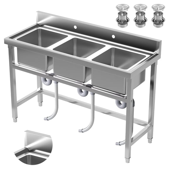 Stainless Steel Utility Sink, 3 Compartment Commercial Sink, Free-Standing Commercial Sink Heavy Duty for Garage, Restaurant & Outdoor Garden