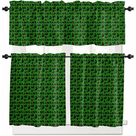 Christmas Green Kitchen Curtains and Valances Set, Rod Pocket Curtains Tier Farmhouse Window Curtains 36 Inch Length, Winter Chic Black Xmas Cats Country 3 Piece Kitchen Curtains Set