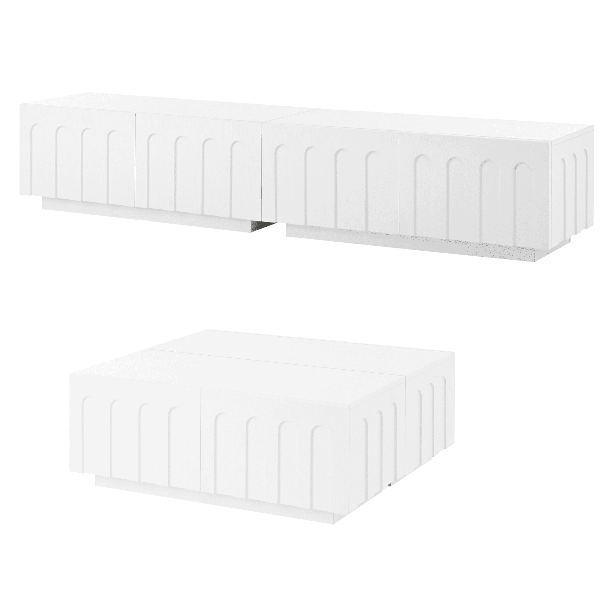 Euroco Elegant TV Stand & Coffee Table Set of 2, Multi-Functional Media Console with Arched Design for TVs Up to 80", Modern Dual Purpose Center Table with Drawers for Living Room, Bedroom, White