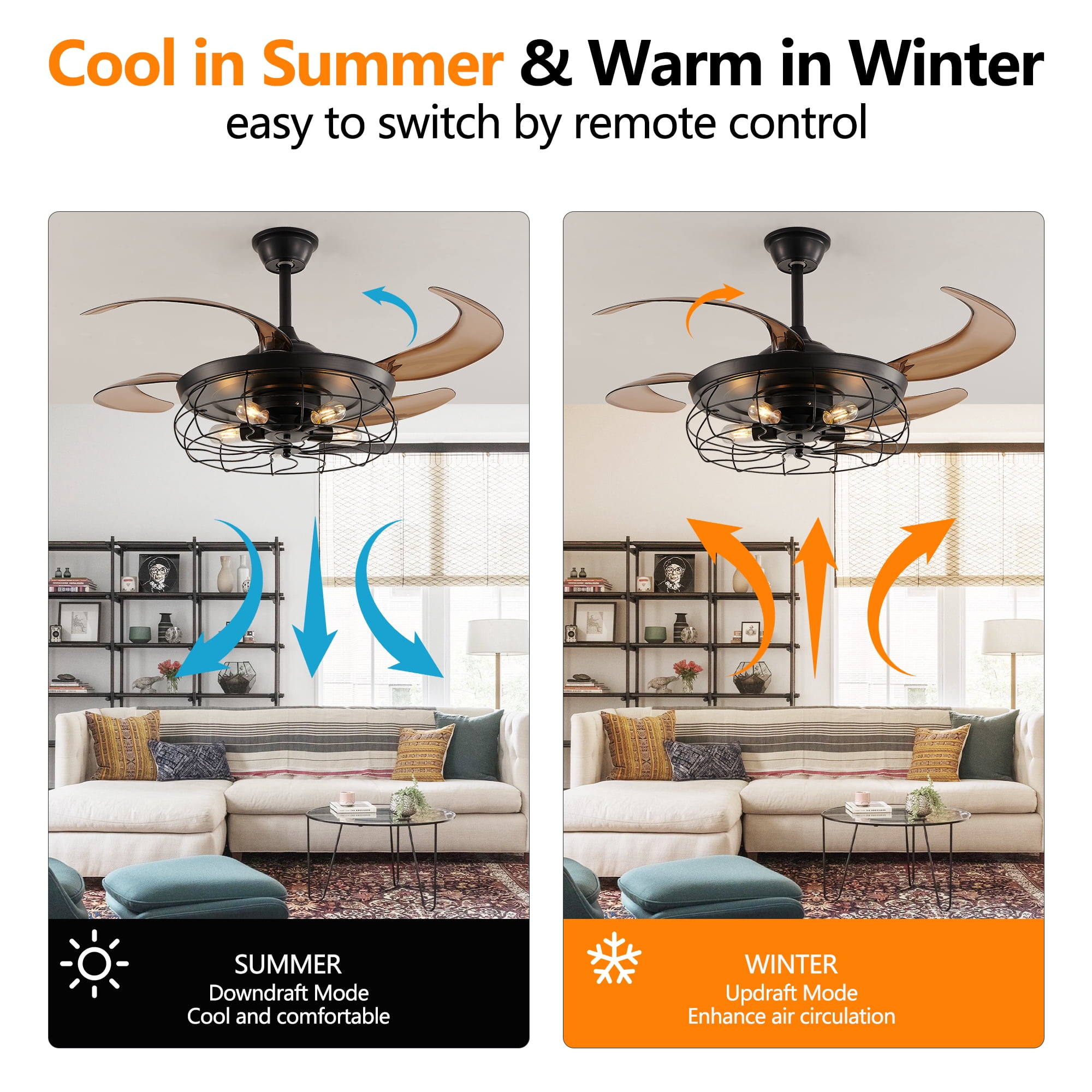 48 Inch Retractable Ceiling Fan with Lights and Remote, Industrial Caged Fandelier with 4 Blades, 6-Speed Reversible DC Motor