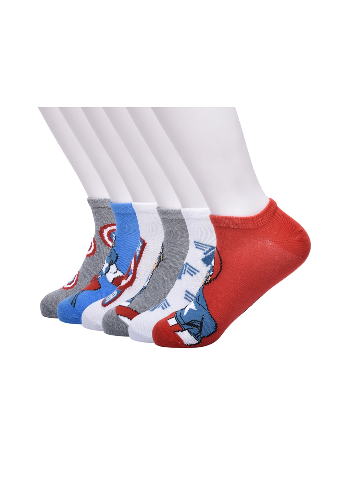 Marvel's Captain America Boys No Show Socks, 6 Pairs, Sizes S (4-8.5) - L (3-9)