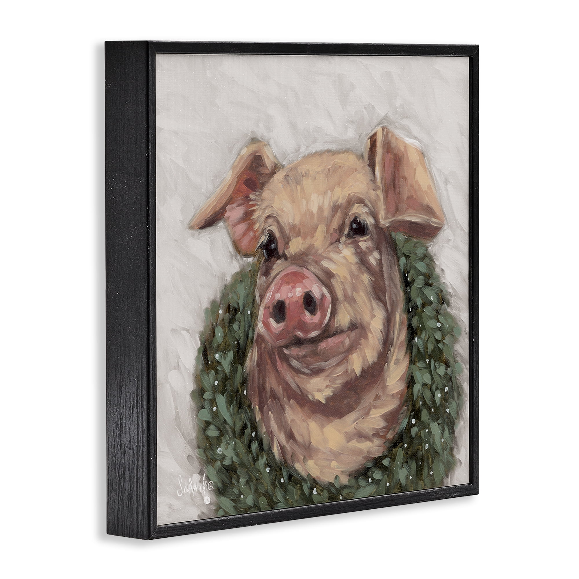 Stupell Industries Pig with Holiday Wreath Holiday Painting Black Framed Art Prints Wall Art, 12 x 12