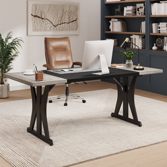 Bestier 70" Executive Desk, Large Computer Desk for Home Office with 1.18" Thick Wood Top, Modern Writing and Study Table for Professional Working, Sturdy Executive Office Desk for Home Office, Grey
