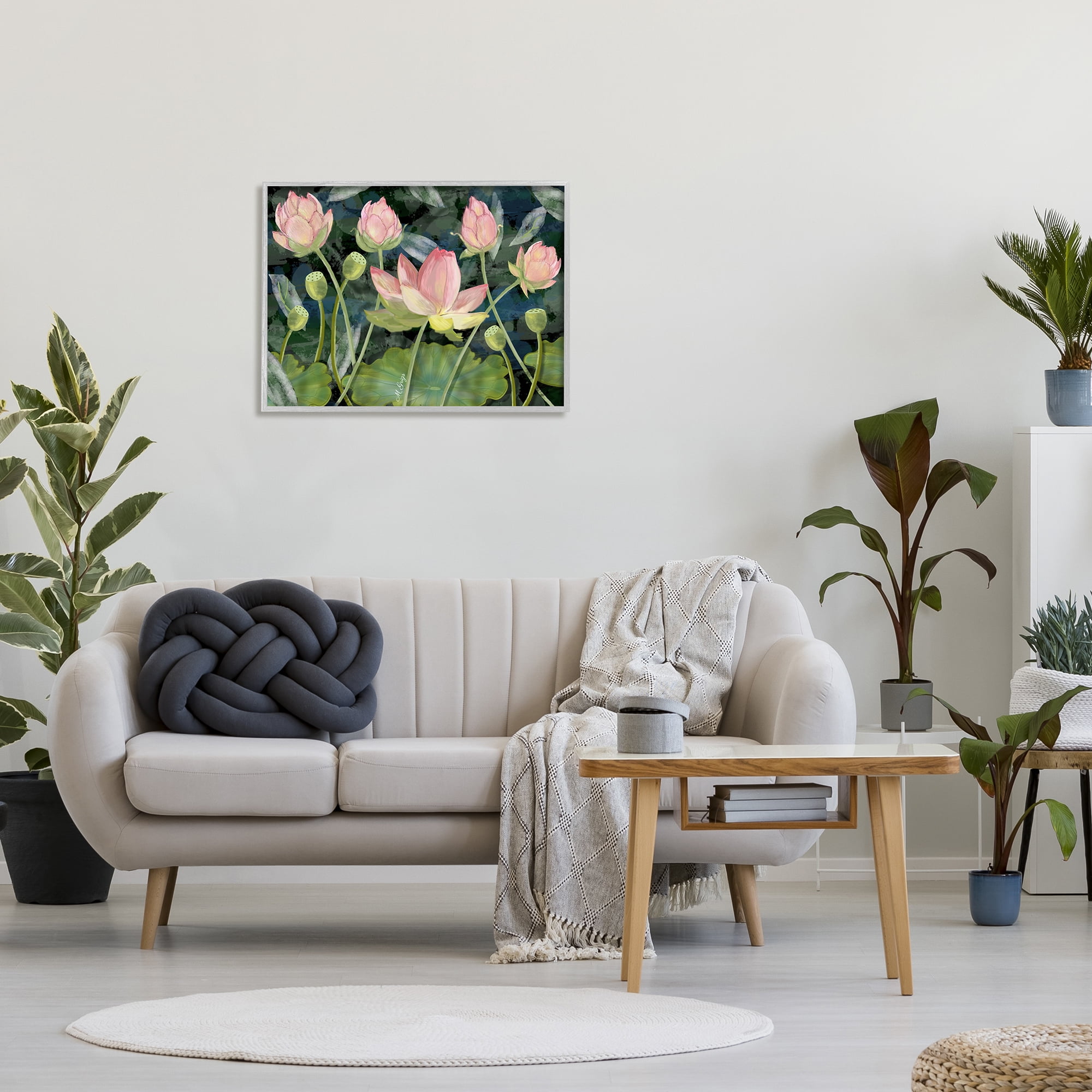 Stupell Industries Pink Lotus Flowers and Lily Pad Pond Botanical & Floral Painting Gray Framed Art Print Wall Art, 24 x 30