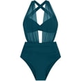 thumbnail image 5 of Women's Halter One Piece Swimsuit Mesh Sheer Deep V Cut Out Slimming Ruched High Waist Trendy Bathing Suit (XS, Sky Blue), 5 of 5