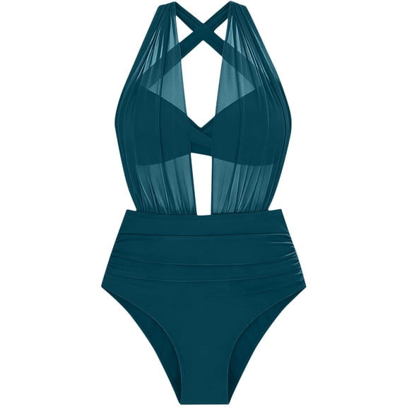 Women's One Piece Swimsuit Mesh Halter Swimwear Trendy High Cut Leg Swimsuits Summer Bathing Suits XS