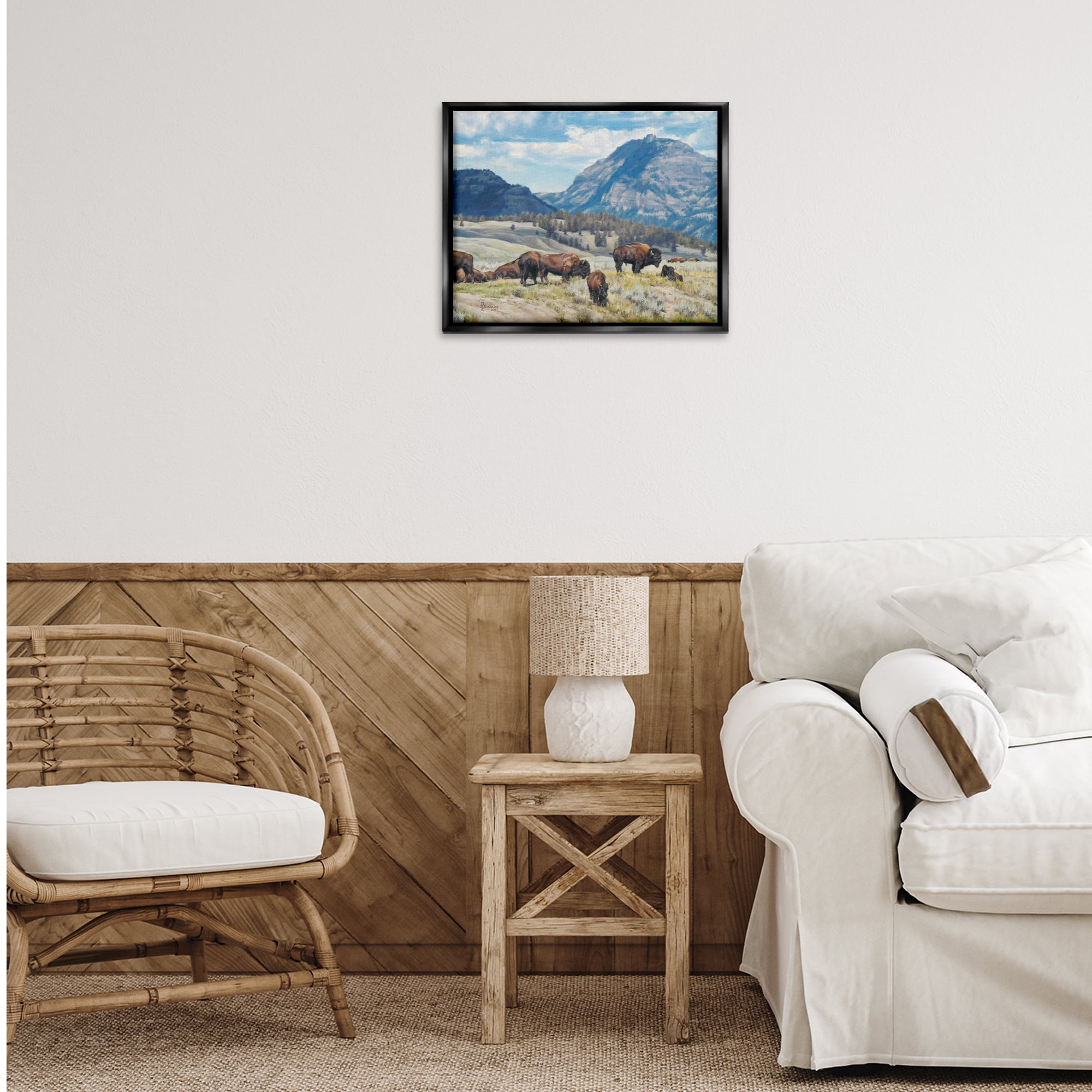 Stupell Industries Sunny Afternoon Bison Landscape Painting Black Floater Framed Canvas Art Print Wall Art, 21 x 17