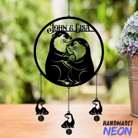 Handmadetneonsign Custom Otter Couple Metal Wind Chimes, Personalized Otter Wind Chimes, Garden Decor 140014