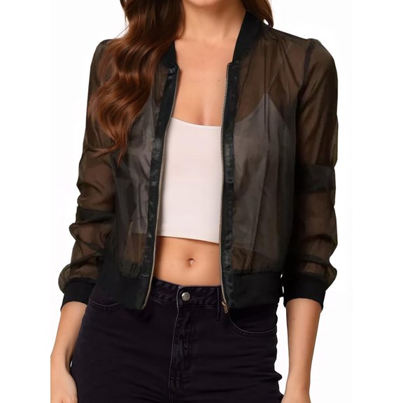 Women's Crop Mesh Sheer Bomber Jackets Lightweight Long Sleeve Zip Up Jacket Outwear