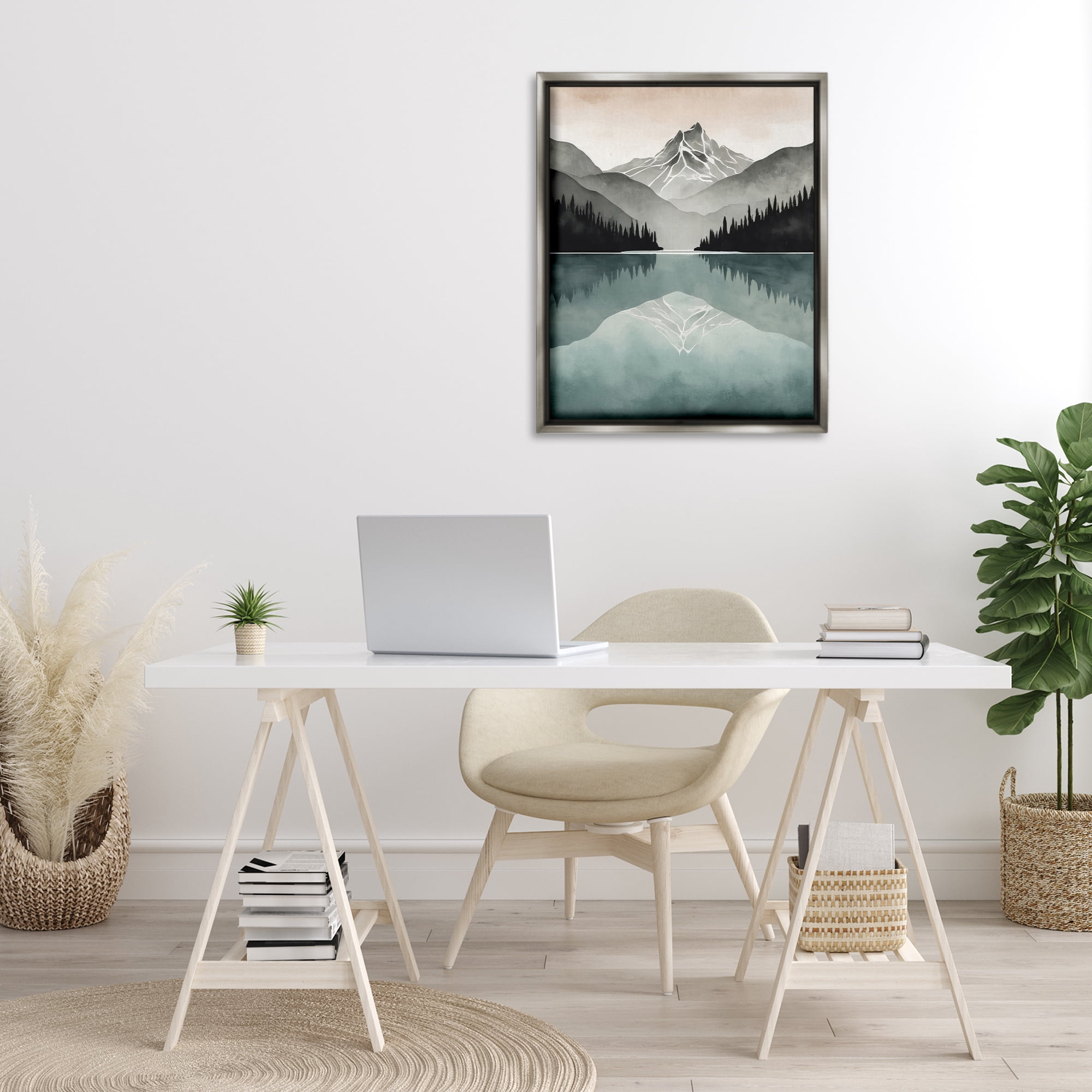 Stupell Industries Mountain Reflecting over Lake Landscape Painting Gray Floater Framed Art Print Wall Art, 25 x 31