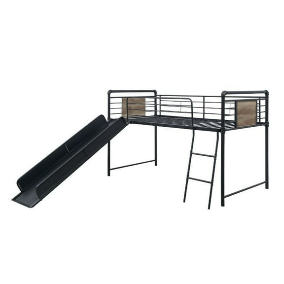 Benjara Twin Loft Bed with Tubular Metal Frame and Slide, Dark Bronze