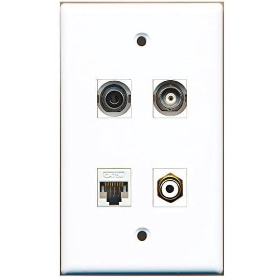 RiteAV - 1 Port RCA White 1 Port 3.5mm 1 Port BNC 1 Port Cat5e Ethernet White Wall Plate