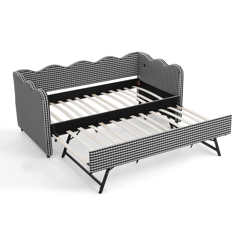 Twin Size Upholstery Daybed with Trundle and USB, Twin to King Design Adorable Wave Shaped Extendable Linen Sofa Bed Cozy Gingham Daybed, for Living Room and Bedroom