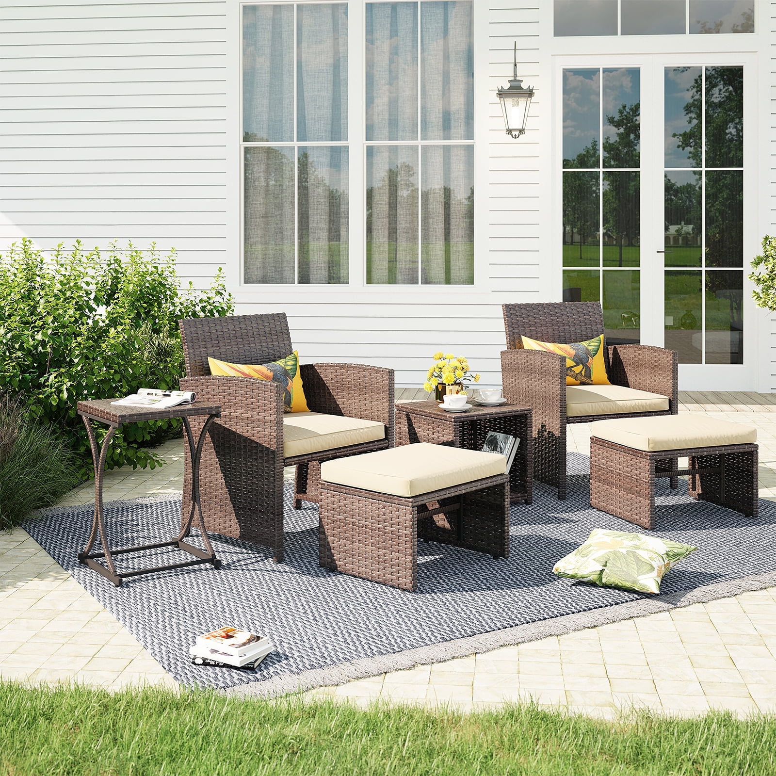 JOIVI 6 Piece Patio Wicker Furniture Set, Rattan Outdoor Chairs, with Beige Cushioned Ottoman, Resin Nesting Table, Modern Design, Beige & Brown