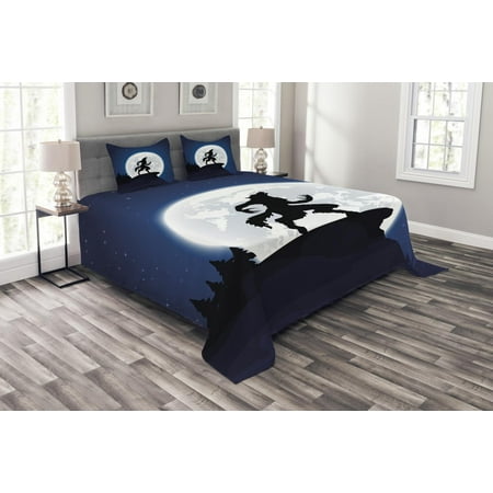 Wolf Bedspread Set Full Moon Night Sky Growling Werewolf Mythical Creature In Woods Halloween Decorative Quilted Coverlet Set With Pillow Shams