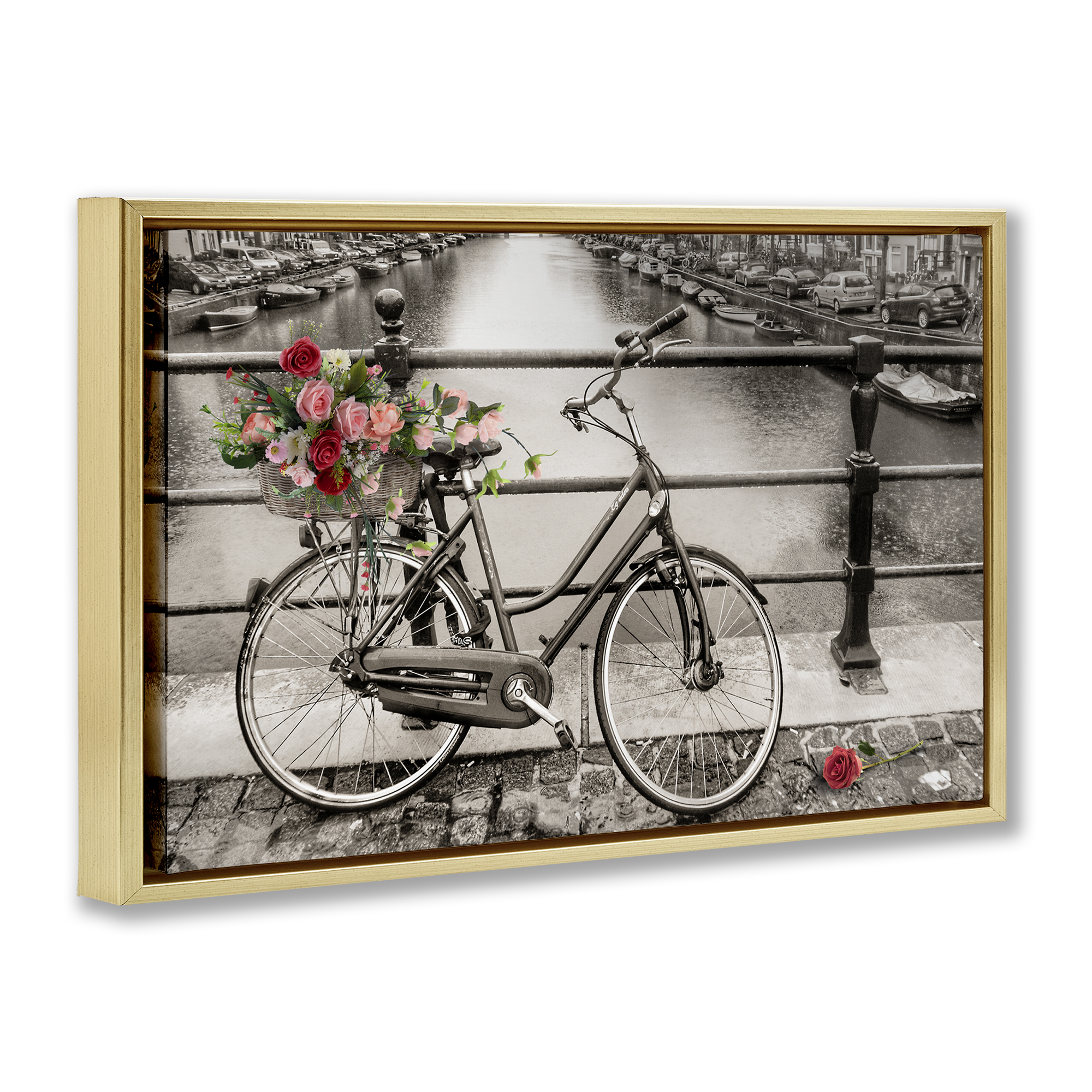 Stupell Industries Rose Filled Bike over Canal Transportation Painting Gold Floater Framed Canvas Art Print Wall Art, 25 x 17