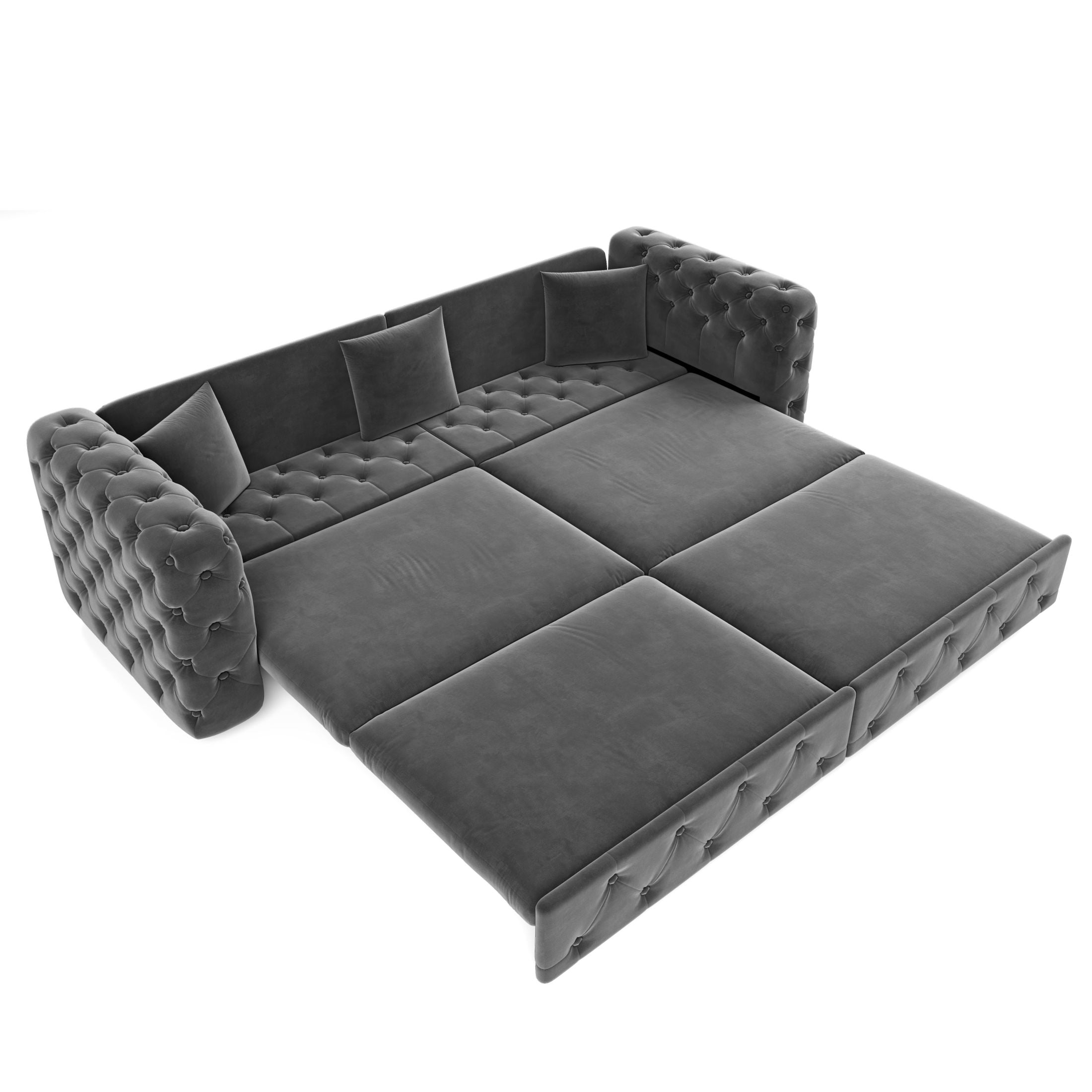 Noble House Belric 4-Seater Velvet Chesterfield Pull-Out Sofa Bed, Multifunctional 3-in-1 Tufted Sleeper Couch, Grey
