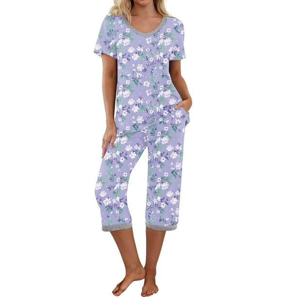 Puntoco Conjunto de pijama cómodo para mujer Conjunto de pijama y pantalón de manga corta con cuello en V para mujer Conjunto de pijama informal con bolsillos