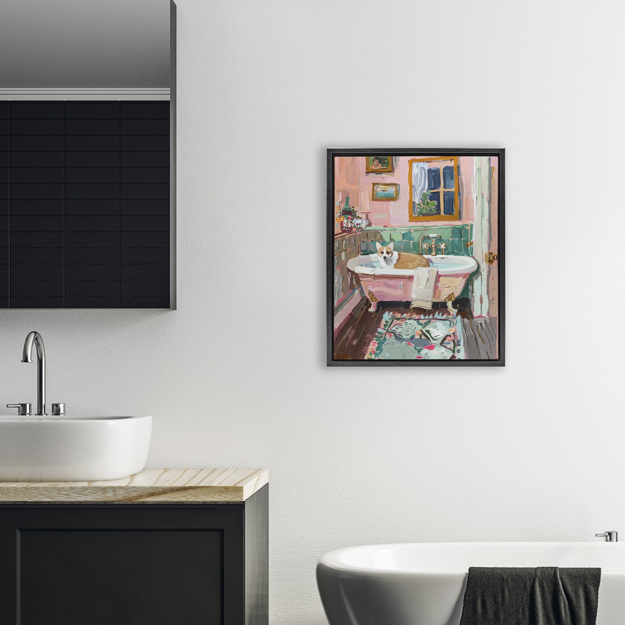 Stupell Industries Corgi in Pastel Tub Black Framed Floater Canvas Wall Art, design by The Prints Vibe