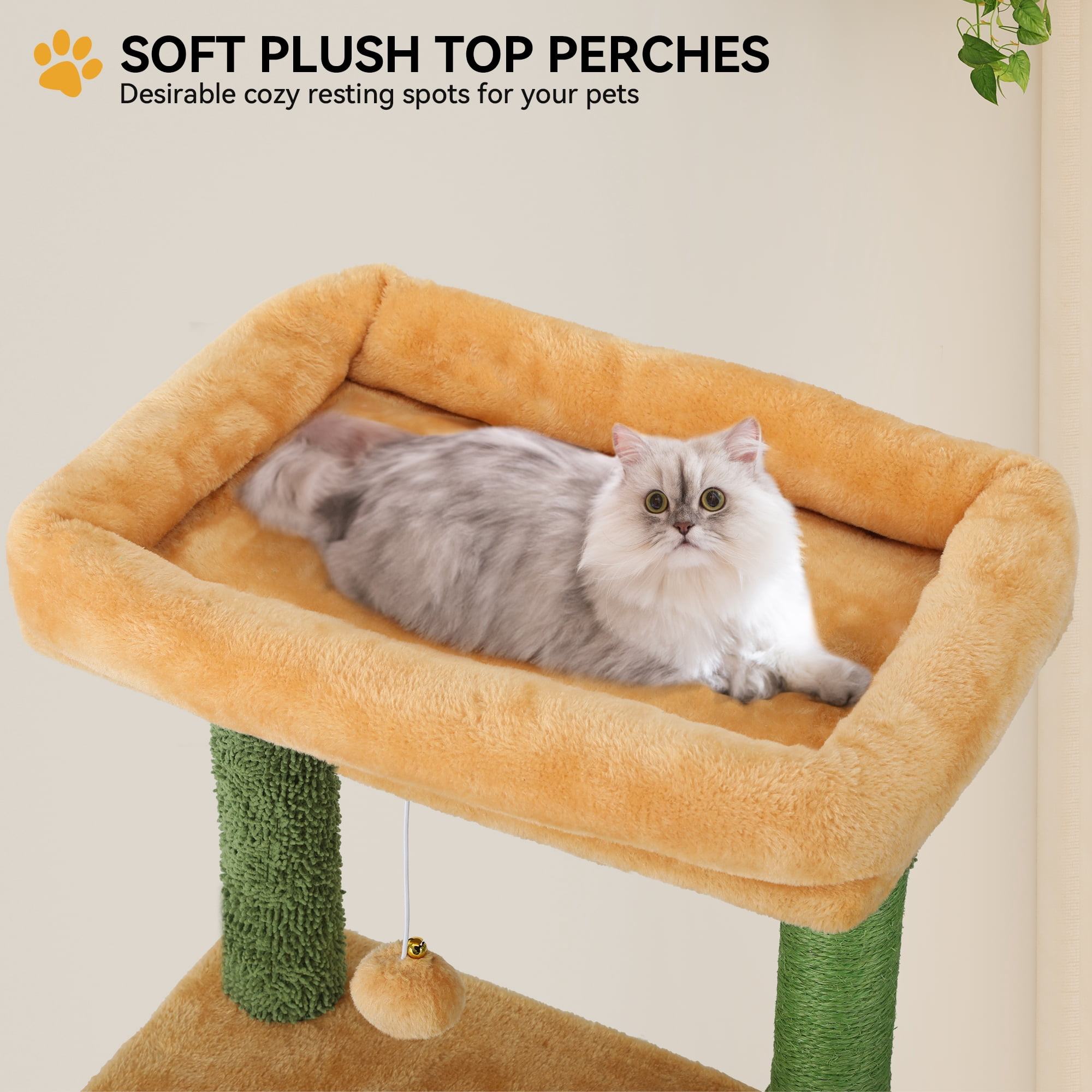 Uforic 60" Cactus Cat Tree Tower, Multi-Level Cat Tree House with Scratching Post, Ladder & Pompom Balls, Green&Yellow