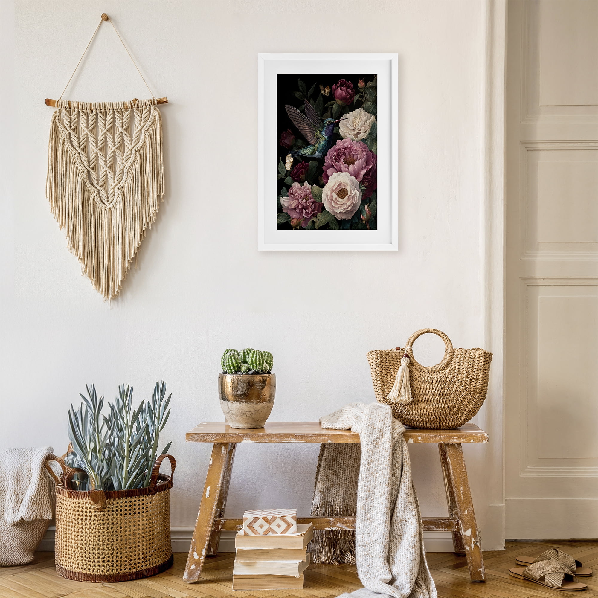 Stupell Industries Hummingbird & Lush Peonies White Framed Print Under Glass, design by The Wands Want