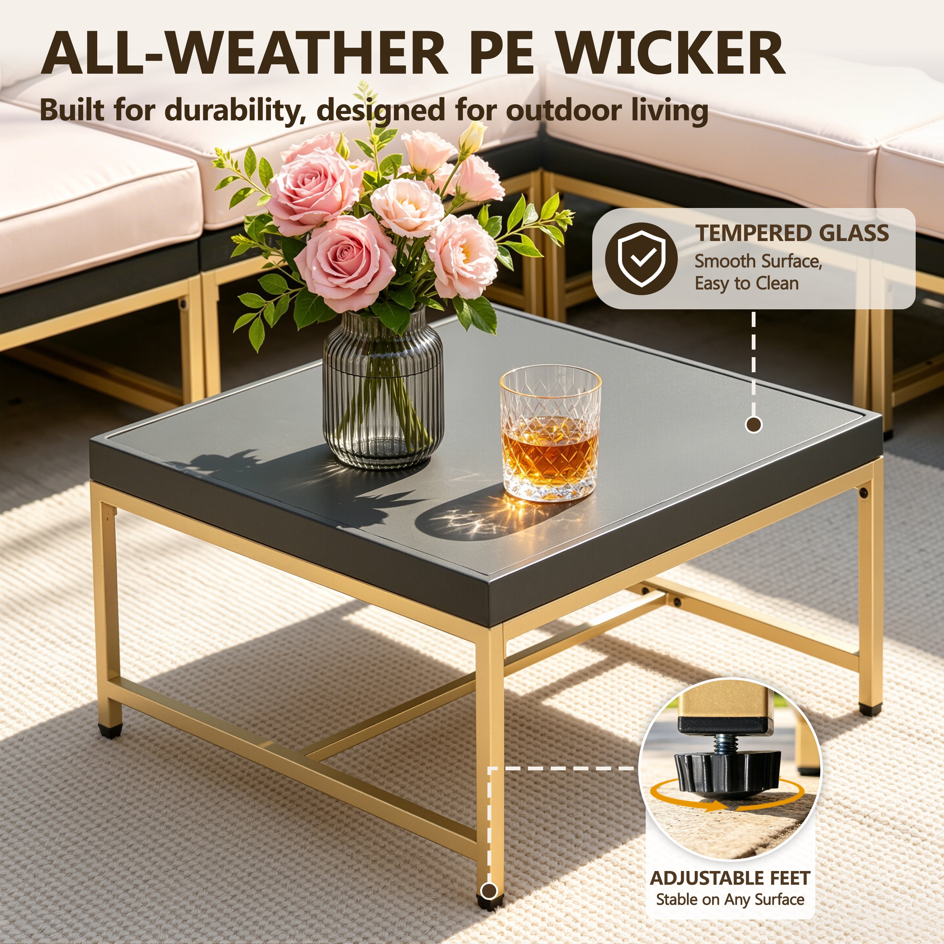 Patio Outdoor Furniture Sets, 7 Pieces All-Weather Rattan Sectional Sofa with Tea Table and Cushions, PE Rattan Wicker Sofa Couch Conversation Set for Garden Backyard Poolside