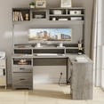 thumbnail image 4 of Bestier Farmhouse 63" L Shaped Desk with Hutch, Wood Computer Desk with Drawers, Charging Station, LED Light, Fluted Sliding Door Cabinet, Monitor Stand, Executive Desk for Home Office, Grey, 4 of 11