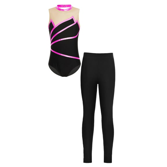 IEFIEL Girls Metallic Stripes Dance leotard with Leggings Teens Youth Sports Leotard with Pants Gym Skating Suit Outfit Hot Pink 6