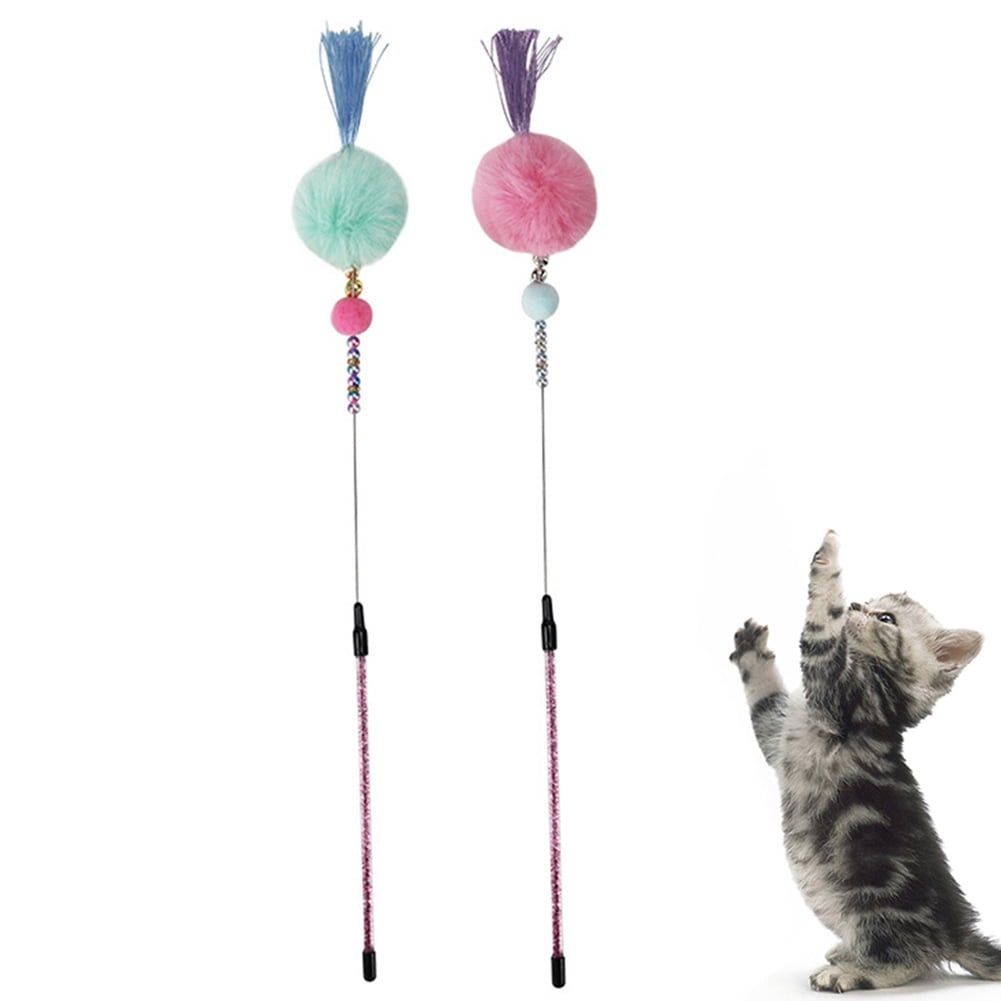 Cat Kitten Play Toys Colorful Feather Wand Rod With Bell Pet Teaser Interactive 