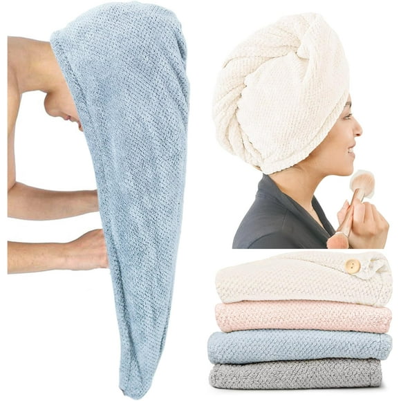 XINQIHANG Lot de 4 Grandes Serviettes Enveloppantes en Microfibre pour Femmes, Super Absorbantes et à Séchage Rapide, Serviettes de Séchage avec Bouton, Turbans pour Cheveux Bouclés, Cheveux Longs et Courts – Anti-Frisottis