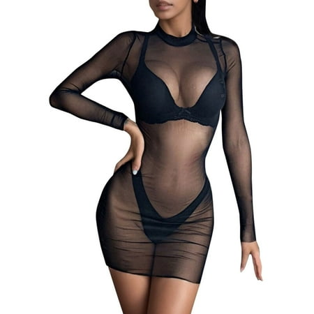 Women s Lingerie Women s Babydoll Lingerie 1pc Black Sheer Dress Valentines Day Clothes for Women L