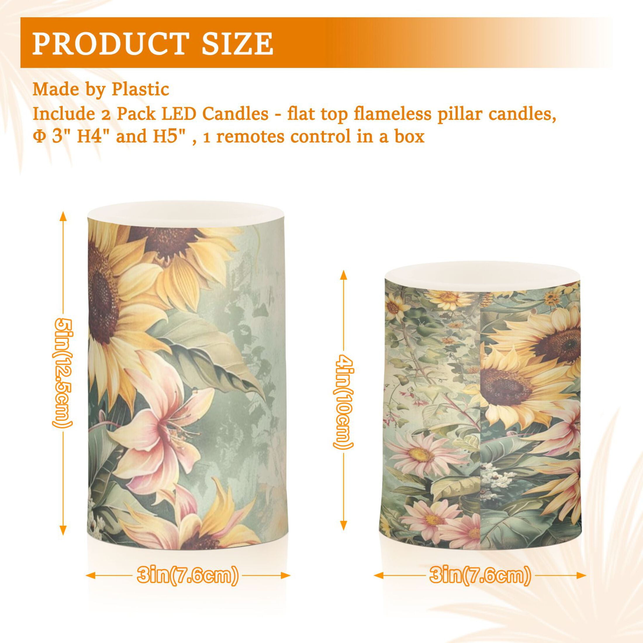 Sunflowers Spring Flickering Flameless Candles Battery Operated with Remote Timer LED Pillar Candles Set of 2