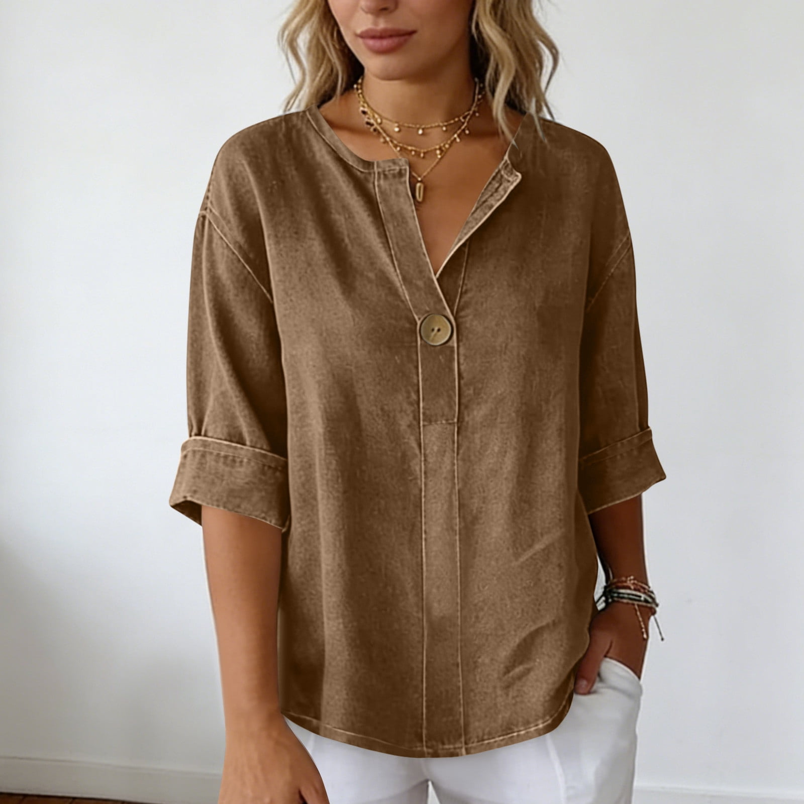 YHAJDS Women's T-Shirts Solid Color V Neck 3/4 Sleeve Relaxed Fit Casual Everyday Top