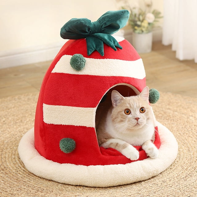 OULII Cute Cat Cave in Red Fabric for Warmth in Winter 1Pack