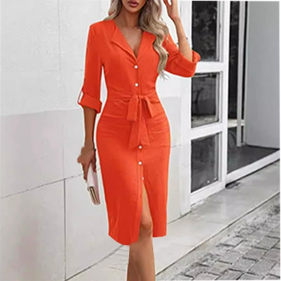 OSFVNOXV Jacket Dress for Women Long Sleeve Cotton Belted High Waisted Knee Length Cocktail Formal Dress for Office Workwear