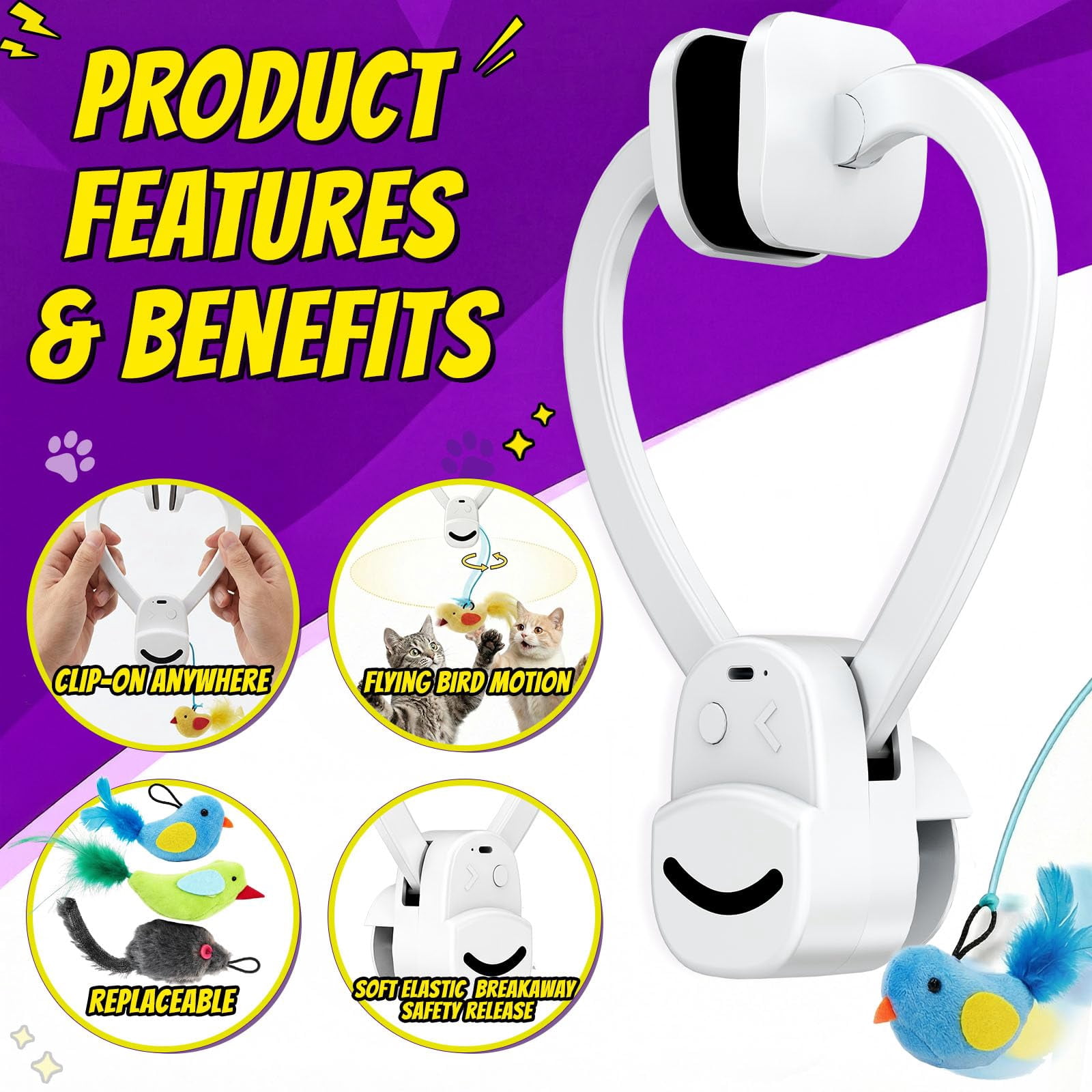 Interactive Cat Toys For Indoor Cats: Automatic Flying Bird Wand Chase Exercise Enrichment  Usb Rechargeable Durable Safe Hanging Bored Kittens Adult Multi Households