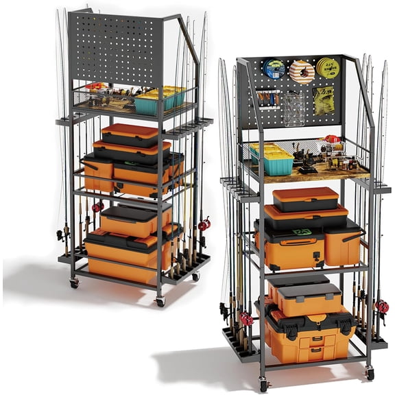 Fishing Rod Holders for Garage, Fishing Pole Holders, 3-Tier Fishing Pole Rack Holds 12 Rods with Wheels for Garage, Basement or Indoor, For Fishing Rod Tackle Box Storage