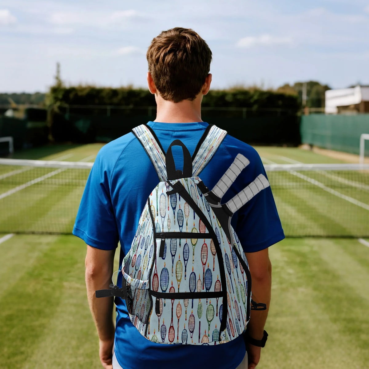 Pickleball Bag with Padded Back, Light Blue Tennis Rackets Multi-Compartment Paddle Backpack, Lightweight Nylon Sports Bag for Men & Women