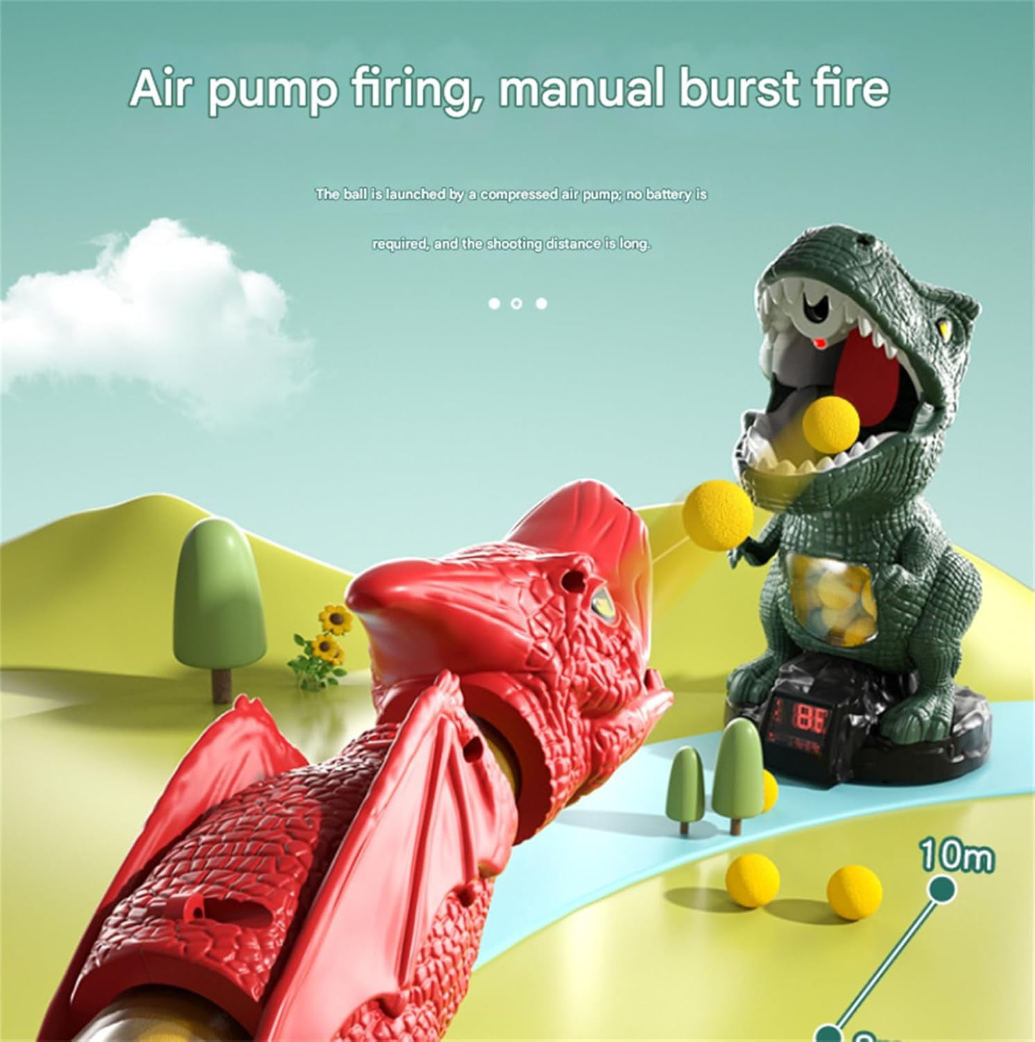 Chompshot Dinosaur, Dinosaur Shooting Blaster Toys, Movable Target Game with 2 Air Pump Launchers, LCD Score Record, Sound & 48 Foam Balls, Interactive Competition (A, 1Set)