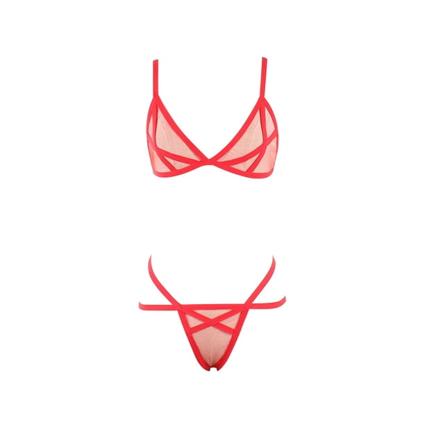 VISgogo - Conjunto de dos piezas de lencería para mujer, sujetador de vendaje de hilo de malla de color sólido a la moda y bragas de cintura baja VISgogo moda