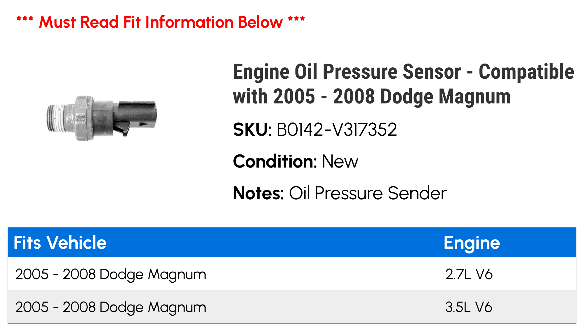 Engine Oil Pressure Sensor - Compatible with 2005 - 2008 Dodge Magnum 2006 2007