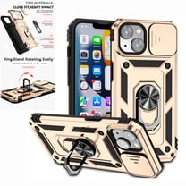 Nalacover Heavy Duty Armor Case for iPhone 14 Plus, Rugged PC Soft TPU Military Grade Shockproof Metal Magnetic Plate Shockproof Cover with Camera Lens Sliding Ring Holder Kickstand Case,Gold