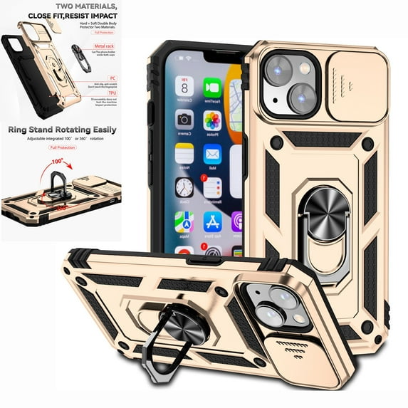 Nalacover Heavy Duty Armor Case for iPhone 14 Plus, Rugged PC Soft TPU Military Grade Shockproof Metal Magnetic Plate Shockproof Cover with Camera Lens Sliding Ring Holder Kickstand Case,Gold