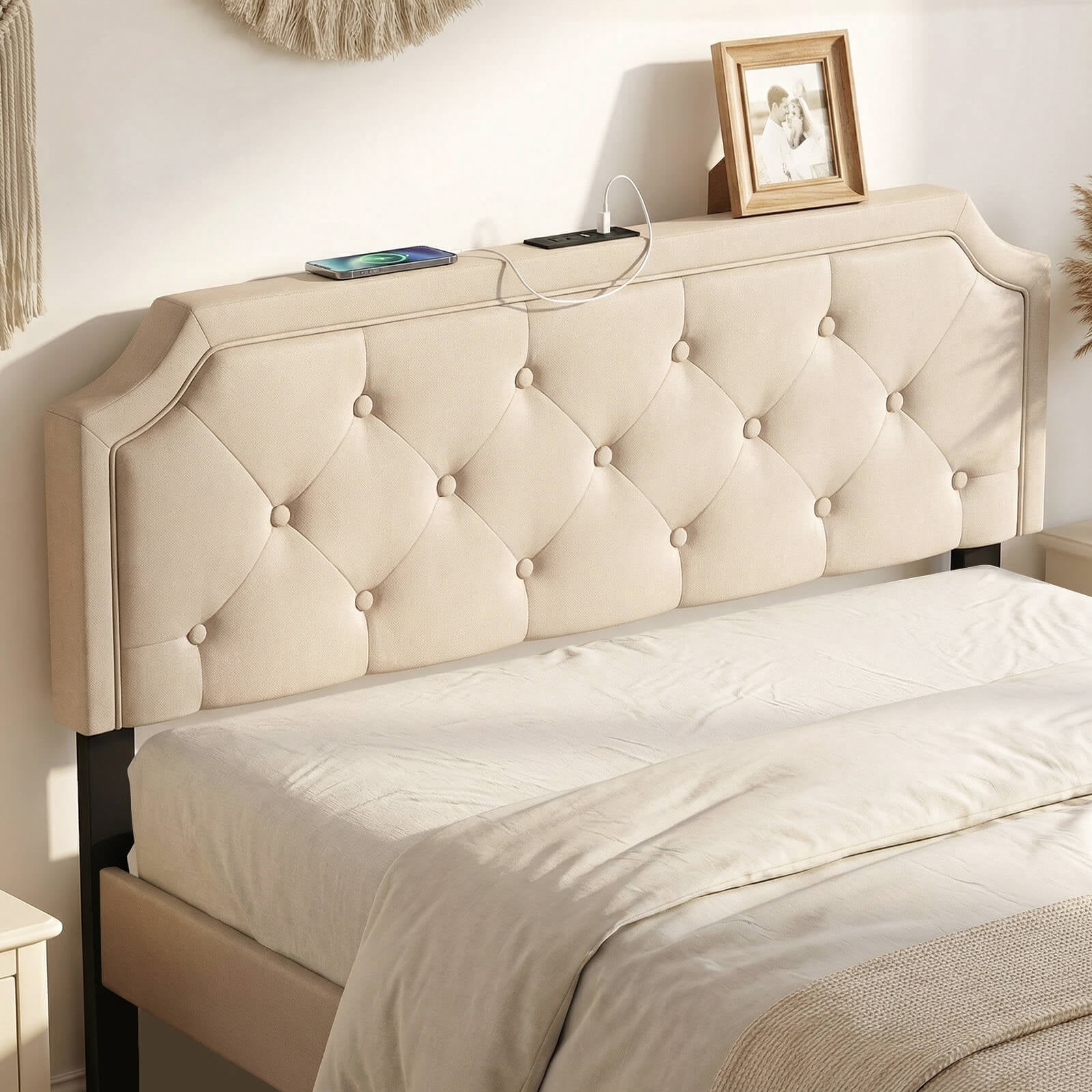 Costway Headboard for Queen & Full Size Bed,Tufted Upholstered Head Board with 2 AC Outlets Beige