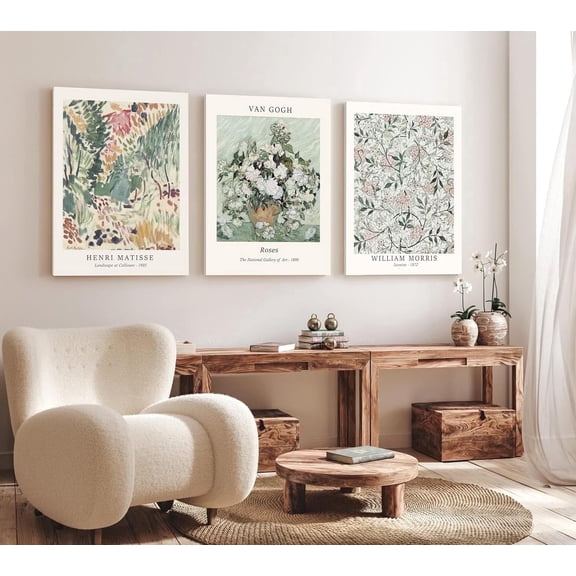 Induslyfe Large Framed Sage Green Vintage Wall Art Canvas Decor Set of 3, Matisse Wall Art Prints Poster Mid Century Modern Art, Aesthetic Floral Botanical wall art bedroom living room bathroom 18x24