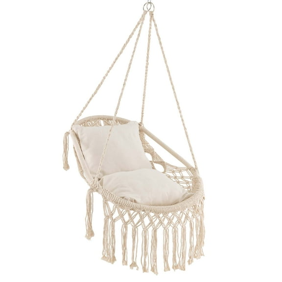 Costway Indoor Outdoor Macrame Swing with Soft Seat Cushions Sturdy Hanging Rope & Chain