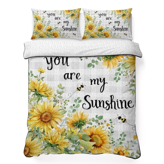 Quilts Twin XL Size Bedding Set, Summer Sunflower Lightweight Quilted Comforter, Vintage Floral Botanical Bee Vintage Soft Reversible Bedspread Coverlet with Pillow Covers for All Season, 68" x 98"