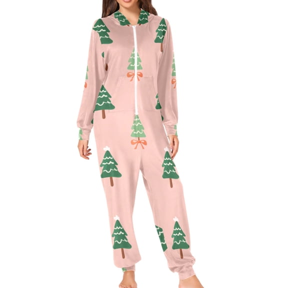 Christmas Trees with Orange Bows Adult's Hoodie Onesie Jumpsuit One-Piece Pajamas with Zipper Unisex for Holiday S